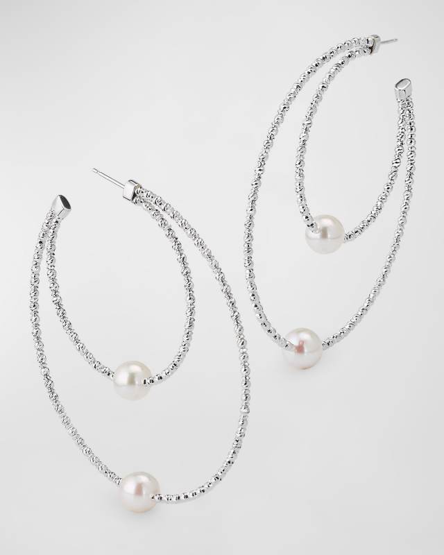 18K White Gold Double Hoop Akoya Pearl Earrings